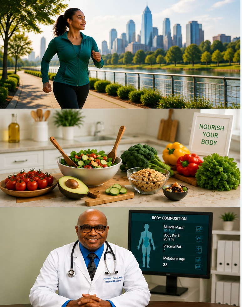 Physician-led medical weight loss in Charlotte, NC featuring exercise, healthy nutrition, body composition analysis, and consultation with Dr. Joseph C. Okoye, M.D.
