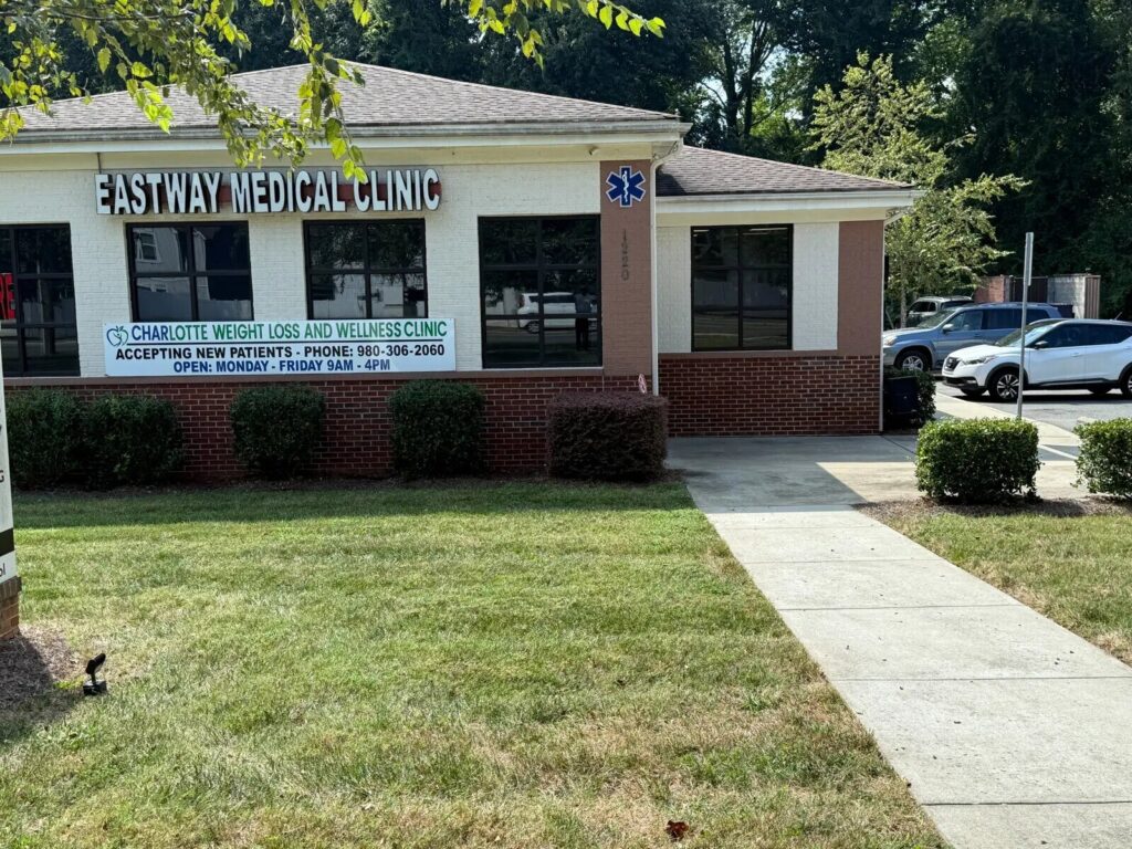 Entrance and exterior signage for Charlotte Weight Loss and Wellness Clinic.